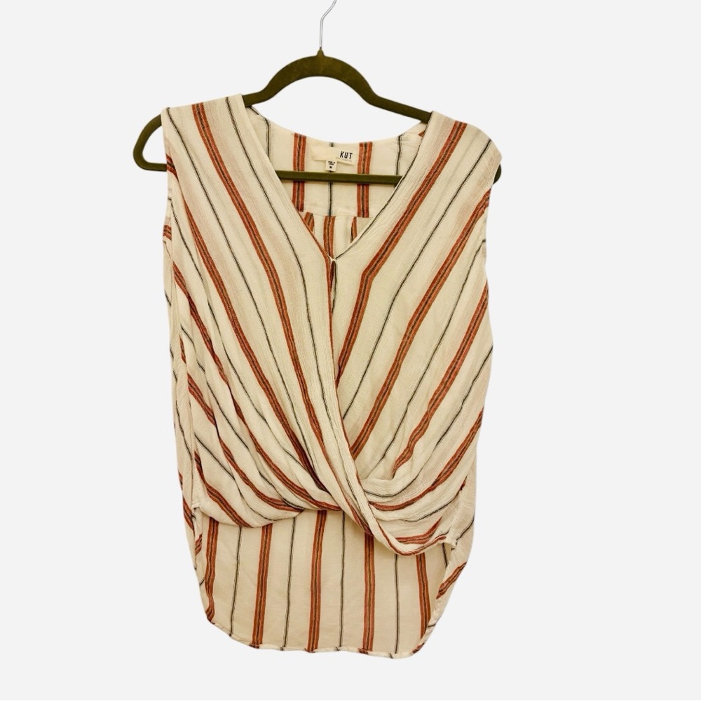 Kut From The Kloth Cream Red Striped Wrap Front Top Office Casual Blouse Medium